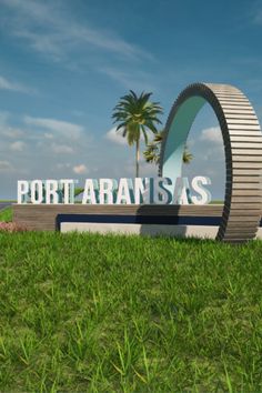 the entrance to port araanssass is surrounded by green grass and palm trees