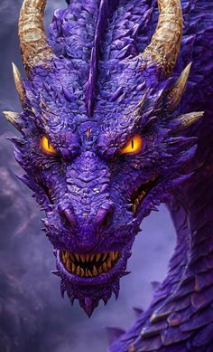 a close up of a purple dragon with yellow eyes