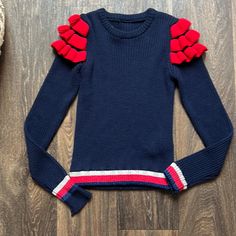 Gucci Ruffle Sweater Best Fits Size 14 Gucci Blue Casual Sweater, Gucci Casual Blue Sweater, Casual Blue Gucci Sweater, Blue Gucci Tops For Spring, Spring Blue Gucci Tops, Fitted Designer Gucci Sweater, Casual Fitted Gucci Sweater, Gucci Blue Long Sleeve Sweater, Designer Fitted Gucci Sweater