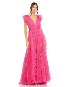 Formal Dresses Long Rufle Cap Sleeve Formal Dress Fuchsia Destination Wedding Guest Dress, Mode Purple, Formal Dresses With Sleeves, Chiffon Fashion, Pleated Bodice, Full Length Dress, Mac Duggal, Chiffon Gown, A Line Gown