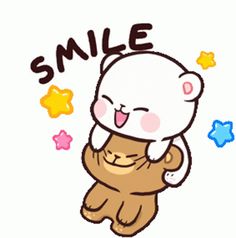 a cartoon bear with the word smile on it's chest and stars around him