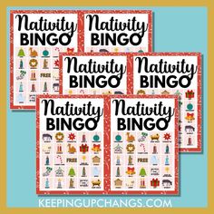 four nativity bingo game cards with the words nativity, nativity and christmas decorations