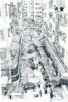 an ink drawing of a city with lots of buildings and people on the street in it