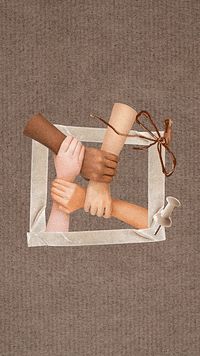 an aerial view of two hands holding each other in front of a photo frame with a string attached to it