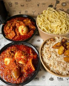 three bowls filled with food sitting on top of a table next to rice and pasta