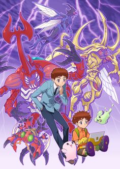 an anime character surrounded by monsters and other characters in front of purple lightning, with the caption's name on it