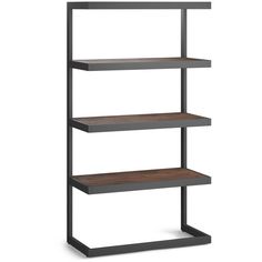 three tiered shelving unit with dark wood shelves and metal frame, on an isolated white background