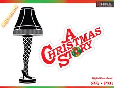 a christmas story logo with a lamp in the middle and an image of a woman's legs