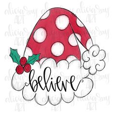 a drawing of a mushroom with holly leaves on it's head and red polka dot hat