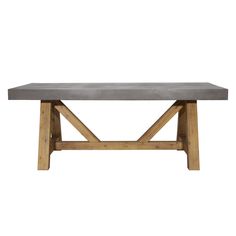 a concrete table with wooden legs on a white background