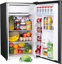 an open refrigerator filled with lots of different types of food and drinks on it's doors