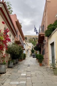 an alley way with potted plants and flowers on either side, in front of buildings