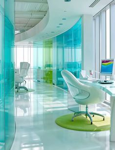 an office with glass walls and white chairs in the center, along with green rugs on the floor