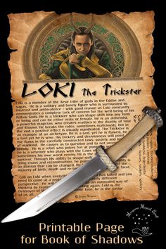 an image of a book cover with a knife on it and the title loki the ticketer printable page for book of shadows