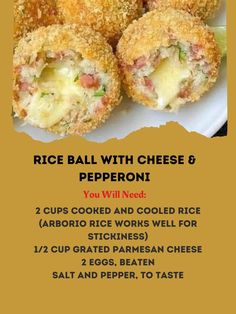 the recipe for rice ball with cheese and pepperoni is displayed on a white plate