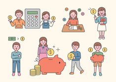 people with money and calculator in line art style, including one man holding a piggy bank