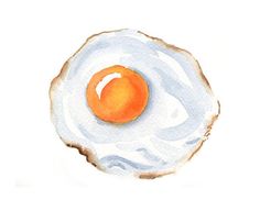 an orange is in the middle of a fried egg on a white plate with watercolors