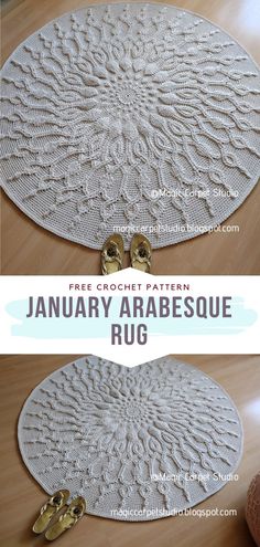 an oval rug is shown with the text, free crochet pattern january arabesque rug