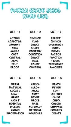 the fourth grade sight word list is shown in blue and white with words above it