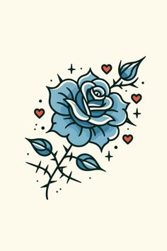 a blue rose with hearts and stars on it's side, in front of a white background