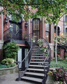 a set of stairs leading up to an apartment building with flowers in the window boxes