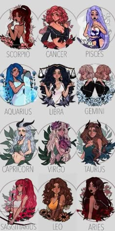 the zodiac sign for girls with different hair colors and body shapes, as well as their names