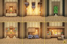 four different views of a living room and kitchen in minecraft house designs, including the fireplace