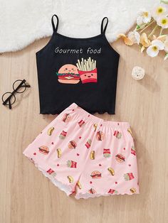 Tween Girl's Cartoon Printed Tank Top And Shorts Set For Home, 2pcs Black Casual    Animal,Cartoon,Geometric,Letter,Fruit&Vegetable,Slogan,All Over Print,Food & Beverage Short Sets Slight Stretch  Tween Girls Clothing, size features are:Bust: ,Length: ,Sleeve Length: Tank Top And Shorts, Animal Cartoon