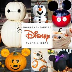 many pumpkins and mickey mouse heads are on display