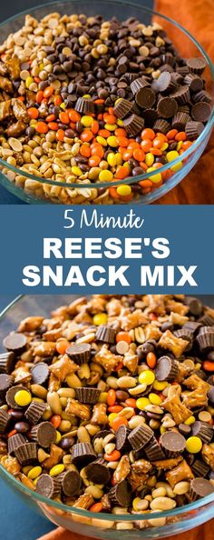 two bowls filled with reese's snack mix and the words reese's reese's snack mix