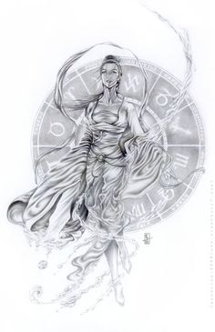 a drawing of a woman sitting on top of a clock