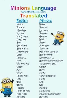 a minion language poster with the words translations in english and spanish, which include characters from