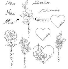 some flowers and hearts that are drawn on paper