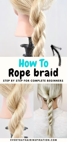 How To Braid Rope, Easy Braids For Beginners, Rope Braid Tutorials, Braid For Beginners, Easy Braided Updo, Rope Braided Hairstyle, Braids Step By Step, Easy Updos For Long Hair, Medium Hair Braids