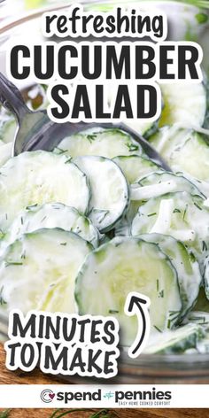 cucumber salad in a glass bowl with text overlay reading refreshing cucumber salad 5 minutes to make