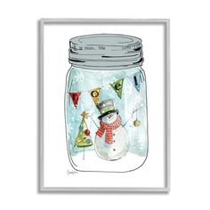 a snowman in a mason jar with christmas decorations