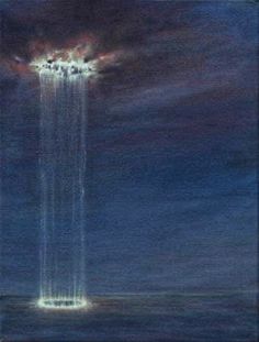 an oil painting of a tall structure in the sky