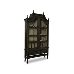 an antique china cabinet with glass doors and drawers on the front, in black finish