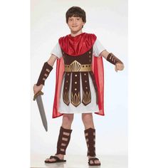 Help your child join their regiment this Halloween with a costume fit for a true centurion. Make them ready for battle with the Roman Child Warrior Costume. This fearsome looking armor is based off what actual Roman soldiers wore in ancient times and features a white tunic, brown faux leather armor, and a bright red cape. This product even includes arm and leg guards. Pick up an additional sword prop to make sure that youre little warrior is ready to fight against the Barbarian hordes. Size: med Costume Chevalier, Gladiator Costumes, Halloween Crop Top, Jogger Outfit, Roman Costume, Soldier Costume, Halloween Skirt, Roman Warriors, Warrior Costume