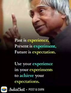 an old woman pointing to the side with her finger in front of her face and text that reads past is experience, present is experiment, future is expectations