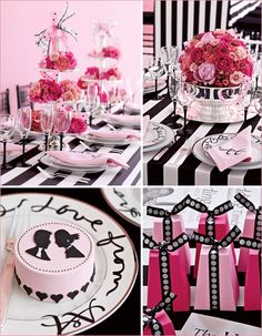 pink and black wedding decor with white plates