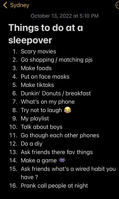 an iphone screen with the text things to do at a sleepover written in black