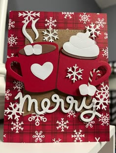 a red and white christmas card with two cups of coffee on it that says merry