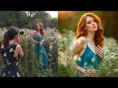 two pictures of a woman in a field with flowers and one is holding a camera