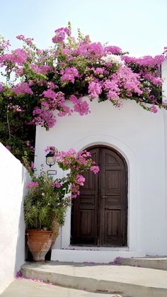 pink flowers are growing on the side of a white building with brown doors and windows