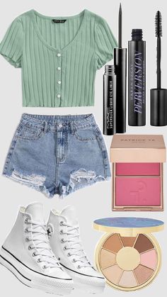 a pair of high - waisted shorts, green crop top and converse sneakers are featured in this image