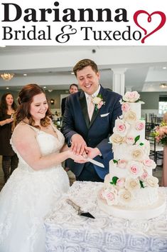 the bride and groom are cutting their wedding cake