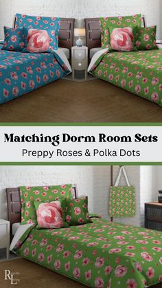 matching dorm room sets for preppy roses and polka dots in green, pink and blue