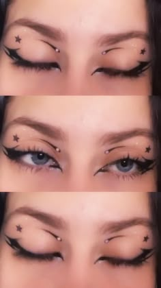 Y2k Makeup Looks Eyeliner, Eyeliner Cute Ideas, Eye Looks Eyeliner, Eyeliner And Glitter Makeup, Cool Makeup Eyeliner, Eclipse Inspired Makeup, Cute Alt Eyeliner, Cute Star Makeup Looks, Cute Liner Looks