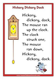 a poem with an image of a clock and the words hickory dickory dock on it